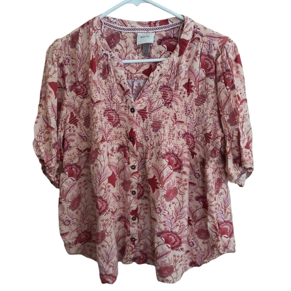 Knox Rose Floral Print Short Sleeve Smocked Button Up Blouse Size L
